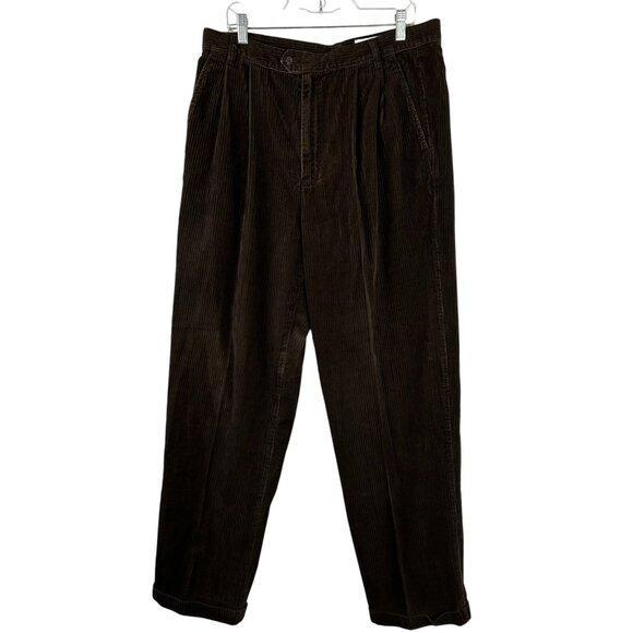 VTG Eddie Bauer Wide Wale Corduroy Pants Mens 36x32 Brown Pleated Cuffed Cotton - Picture 1 of 15